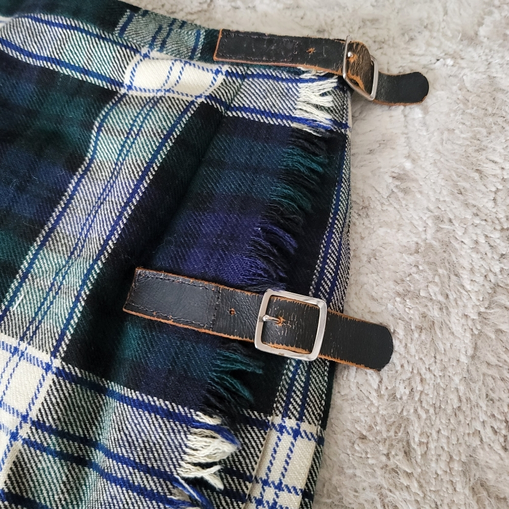 Mosbrook vintage pure wool skirt green tartin plaid Green Navy White - Picture 3 of 8